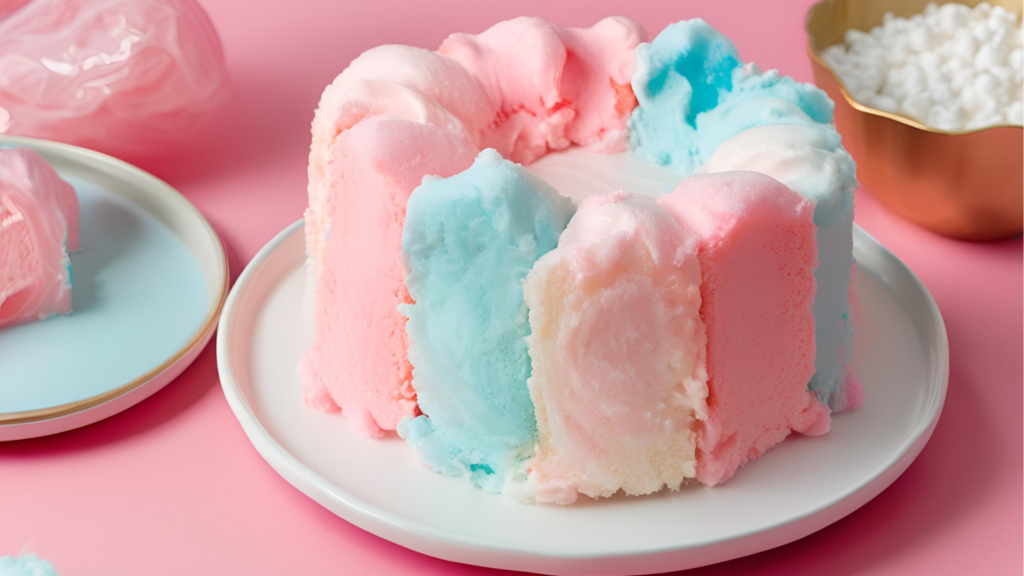 A whimsical cotton candy cake decorated with pastel-colored frosting swirls, topped with fluffy tufts of pink and blue cotton candy, and garnished with edible glitter, sitting on a decorative cake stand.