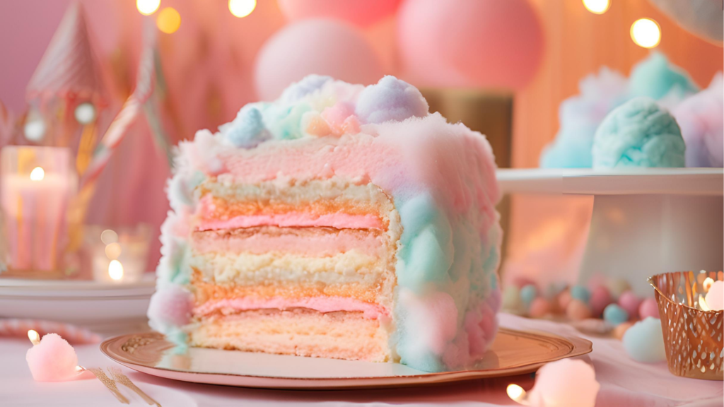 A whimsical cotton candy cake decorated with pastel-colored frosting swirls, topped with fluffy tufts of pink and blue cotton candy, and garnished with edible glitter, sitting on a decorative cake stand.