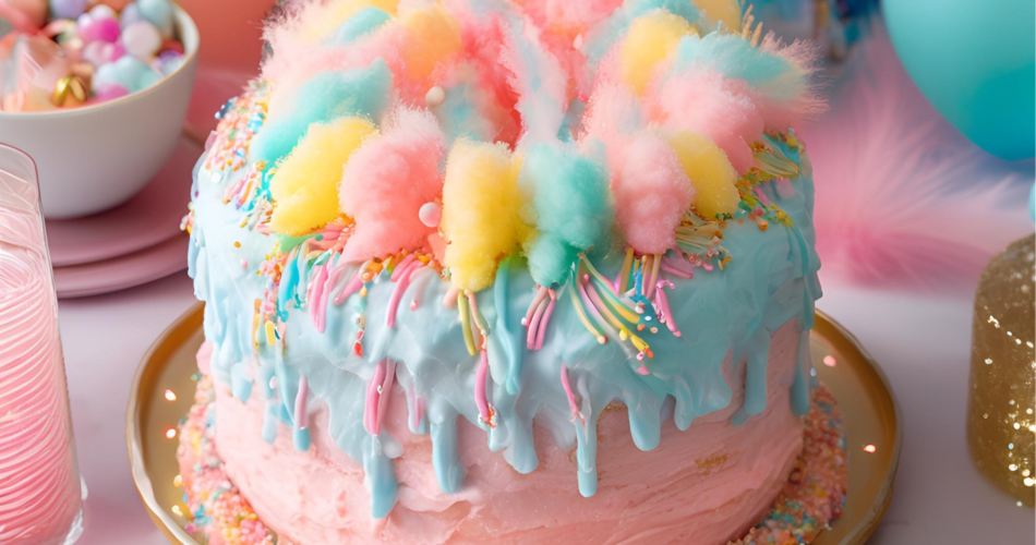 A whimsical cotton candy cake decorated with pastel-colored frosting swirls, topped with fluffy tufts of pink and blue cotton candy, and garnished with edible glitter, sitting on a decorative cake stand.