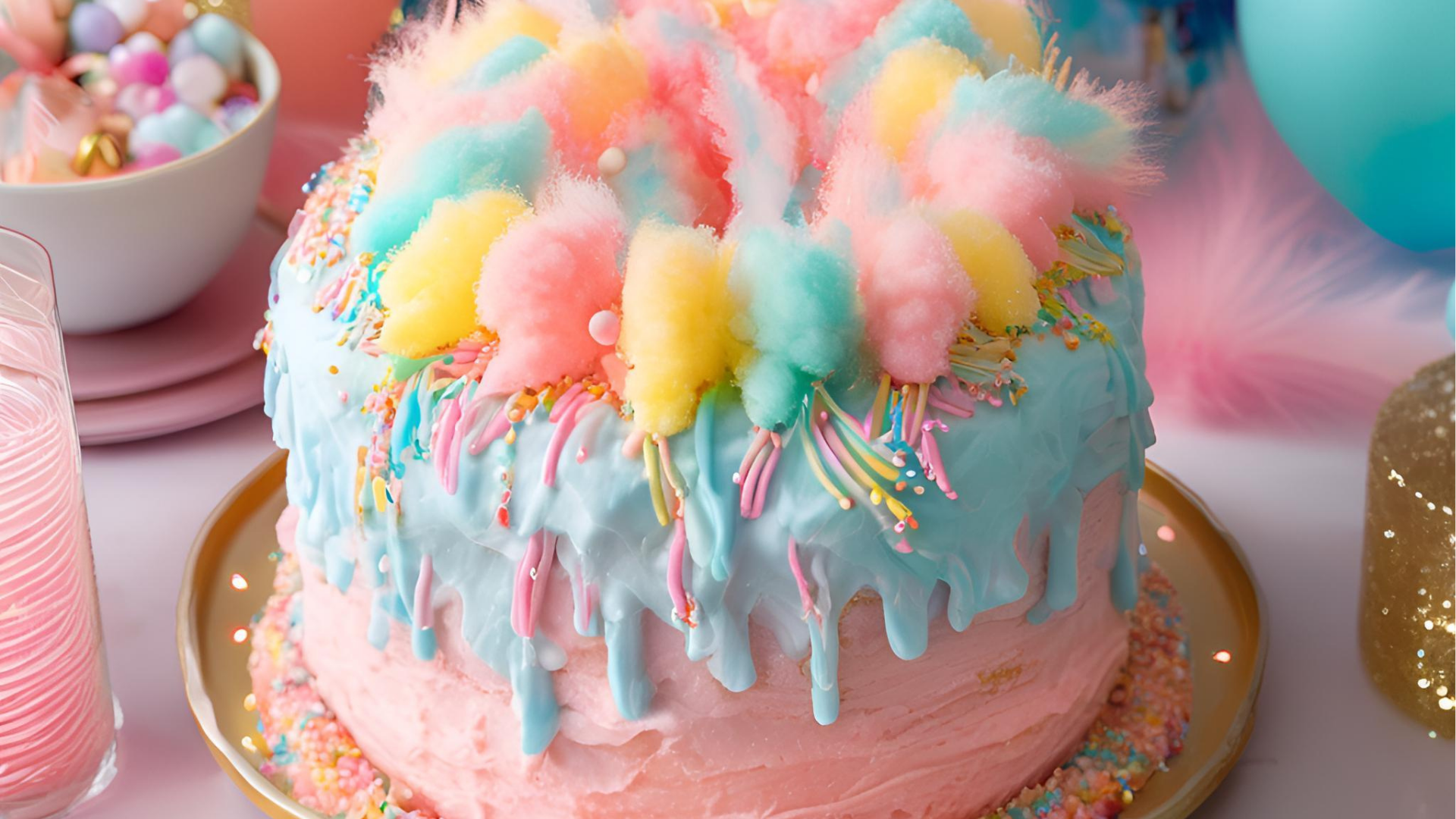 A whimsical cotton candy cake decorated with pastel-colored frosting swirls, topped with fluffy tufts of pink and blue cotton candy, and garnished with edible glitter, sitting on a decorative cake stand.