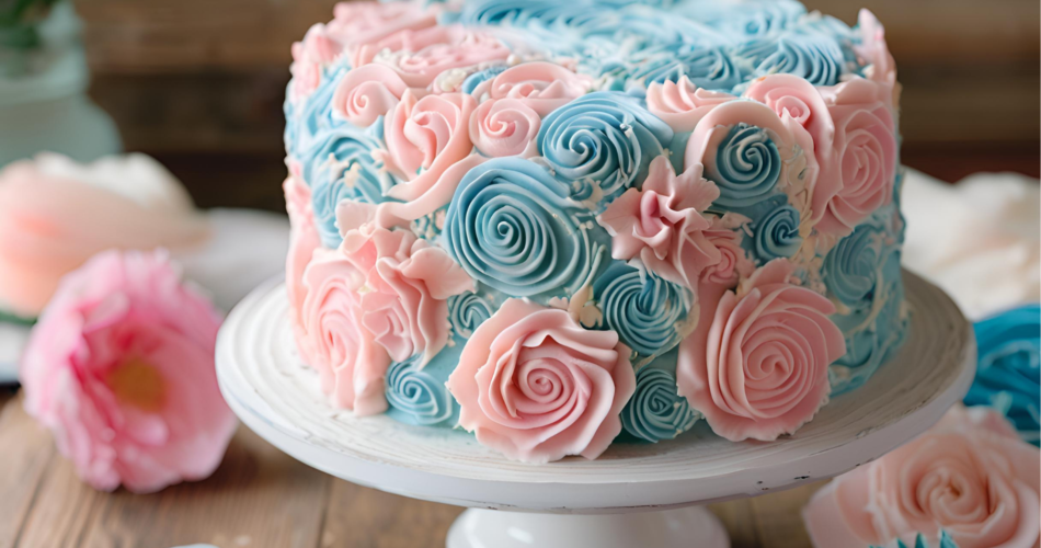 A beautifully frosted gender reveal cake with white buttercream and pastel sprinkles, sitting on a wooden cake stand. The cake is sliced to reveal vibrant blue or pink filling, symbolizing the baby’s gender.