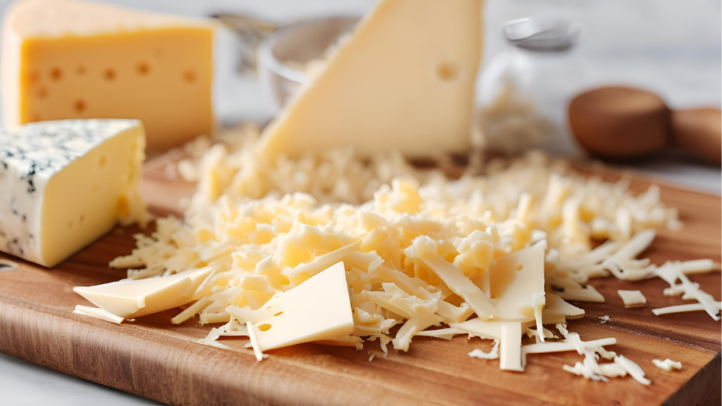 a pile of cheese on a wooden board